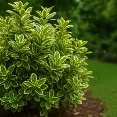 Un arbuste d'Euonymus japonicus aux feuilles vertes et jaunes bordées de vert vif, dans un jardin verdoyant.