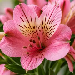 Fleurs d'alstroemeria roses, symbolisant l'amitié et la prospérité. Leurs pétales délicats révèlent des marques sombres et un cœur jaune.