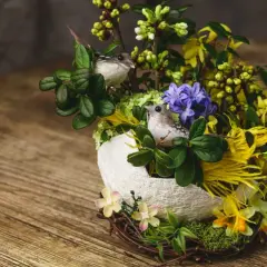 Un nid de paques composition florale de paques avec deux petits oiseaux, des fleurs jaunes et violettes, et des branches vertes sur un fond en bois.