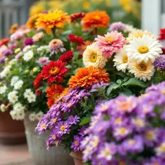 Un assortiment de fleurs rondes aux couleurs vives : jaunes, oranges, rouges, roses, blanches et violettes, disposées en pots sur un sol pavé.