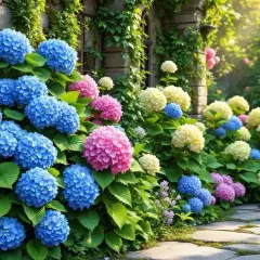 Un chemin pavé bordé d'hortensias bleus, roses et blancs éclatants, grimpant le long d'un mur de pierre couvert de végétation. La terre pour hortensia a permis cette floraison spectaculaire.