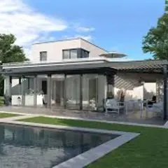 Maison moderne avec piscine et véranda. La décoration véranda extérieur invite à la détente avec ses meubles confortables et son ambiance lumineuse.