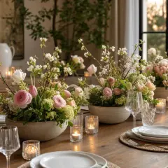 Magnifique idée déco centre de table salle à manger : bouquets de fleurs printanières, tulipes roses, roses et bougies créent une ambiance chaleureuse.