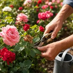 Un jardinier taille des roses rouges et roses. Un arrosoir est visible.