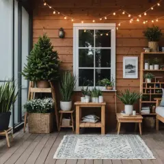 Ambiance chaleureuse sur cette véranda avec une deco veranda cocooning, plantes vertes, coussins douillets et guirlandes lumineuses.