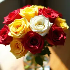 Un bouquet de roses rouges, jaunes et une blanche. La signification de 3 roses rouges est souvent l'amour éternel.