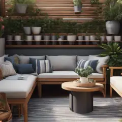 Une petite terrasse cocooning avec un canapé d'angle en bois, des coussins bleus et gris, une table basse ronde et de nombreuses plantes vertes.