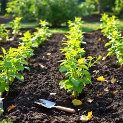 Jeunes plants de cassis alignés dans un sol sombre, prêts pour une nouvelle plantation. Une petite pelle repose à proximité.