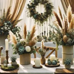 Une belle composition florale de communion, avec des herbes de la pampa, des fleurs séchées et des bougies, sur une table dressée en extérieur.