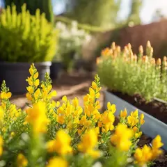 Des fleurs jaunes éclatantes, peut-être des genêts, illuminent un jardin ensoleillé. La taille genet est parfaite pour ces plantes.
