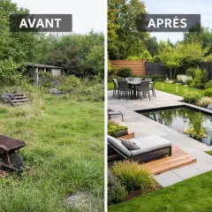 Avant/Après : un jardin sauvage transformé en havre de paix moderne. Une belle idée déco jardin avec bassin et terrasse.