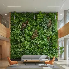 Mur végétal luxuriant offrant une riche texture plante, avec un canapé gris et deux fauteuils orange dans un espace moderne.