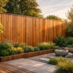 Jardin zen avec mur en bois, plantes luxuriantes et deux bassins en pierre. Une belle idée déco mur extérieur jardin pour une ambiance apaisante.