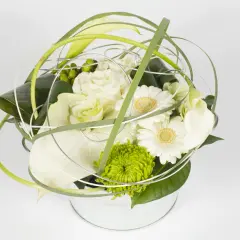 Une composition florale ronde, moderne et épurée, mêlant roses blanches, gerberas, callas et une touche de vert vif.
