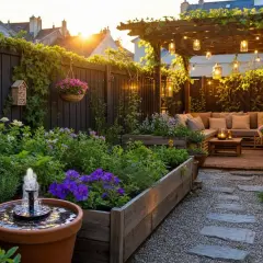 Un jardin zen pas cher avec des parterres surélevés, une fontaine, des lanternes et un coin salon sous une pergola illuminée.