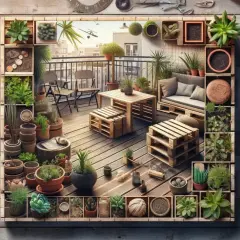 Idées pour aménager une terrasse avec pots : un espace détente verdoyant avec mobilier en palettes et plantes succulentes.