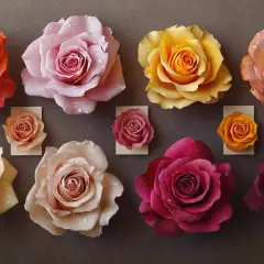 Dix roses de différentes couleurs, certaines avec des gouttes d'eau, évoquent la signification des nombres de roses.