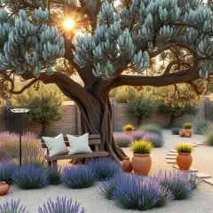 Un banc en bois avec coussins blancs, éclairé par un lampadaire, est installé au pied d'un vieil olivier. La **décoration au pied d'un olivier** est complétée par des lavandes en fleurs et des pots en terre cuite.