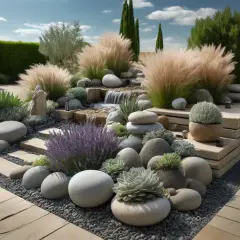 Un magnifique jardin rocaille avec une cascade, des graminées ondulantes, des succulentes et des galets polis. Un havre de paix naturel.