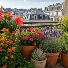 Un balcon fleuri à Paris, avec hibiscus, lantana, zinnias, lavande et romarin. Une belle **plante balcon** qui invite à la détente.