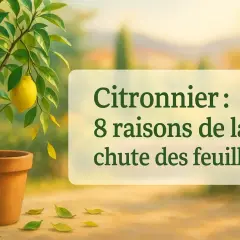 Un citronnier en pot perd ses feuilles. Le texte indique "Citronnier : 8 raisons de la chute des feuilles".