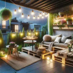 Une petite terrasse aménagée avec des palettes, des plantes et des guirlandes lumineuses pour une ambiance cosy.