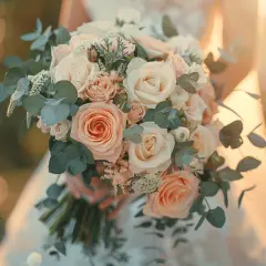 Un joli petit bouquet mariage civil, composé de roses pêche et crème, d'eucalyptus et de petites fleurs blanches, tenu par une mariée.