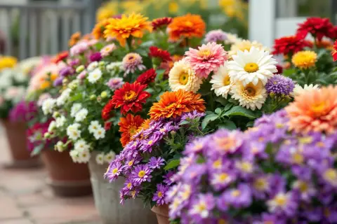 Un assortiment de fleurs rondes aux couleurs vives : jaunes, oranges, rouges, roses, blanches et violettes, disposées en pots sur un sol pavé.