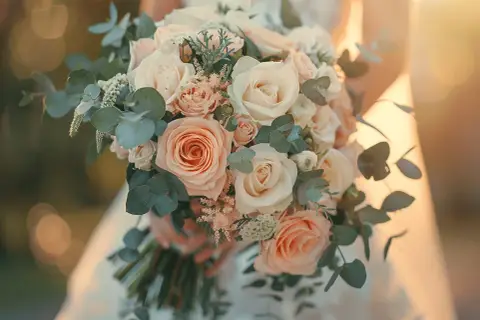 Un joli petit bouquet mariage civil, composé de roses pêche et crème, d'eucalyptus et de petites fleurs blanches, tenu par une mariée.