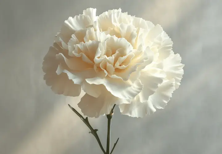 Un œillet blanc, symbole de pureté et d'amour sincère, se dresse sur un fond texturé. Ses pétales délicats captent la lumière.