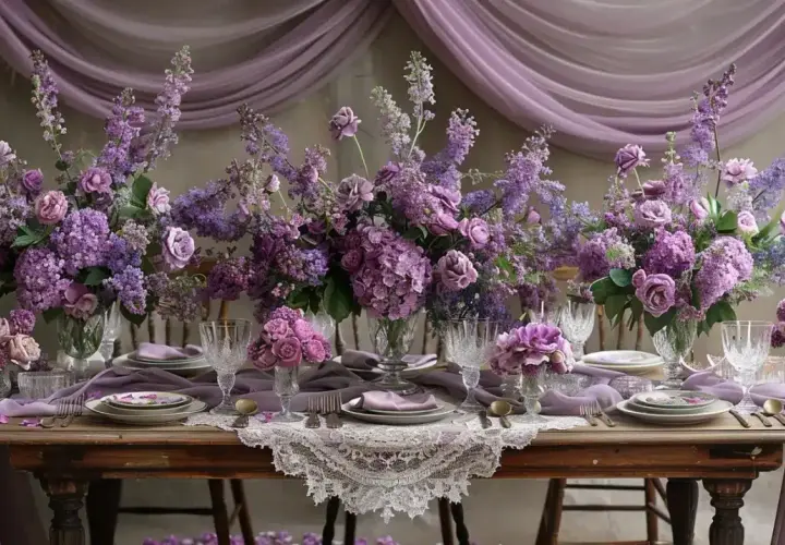 Magnifique table de mariage bohème ornée de bouquets de fleurs mauves et lilas, nappes en dentelle et tissus vaporeux.