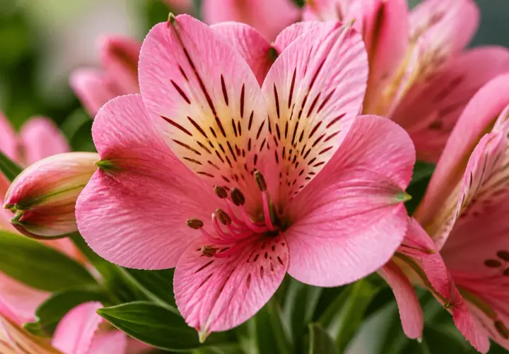 Fleurs d'alstroemeria roses, symbolisant l'amitié et la prospérité. Leurs pétales délicats révèlent des marques sombres et un cœur jaune.
