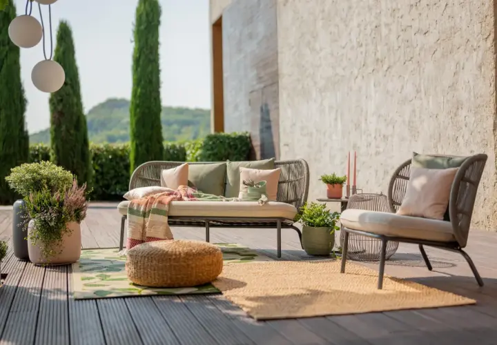 Aménagement terrasse extérieure : un canapé et un fauteuil confortables, des coussins, des plaids et des plantes créent un espace détente accueillant.