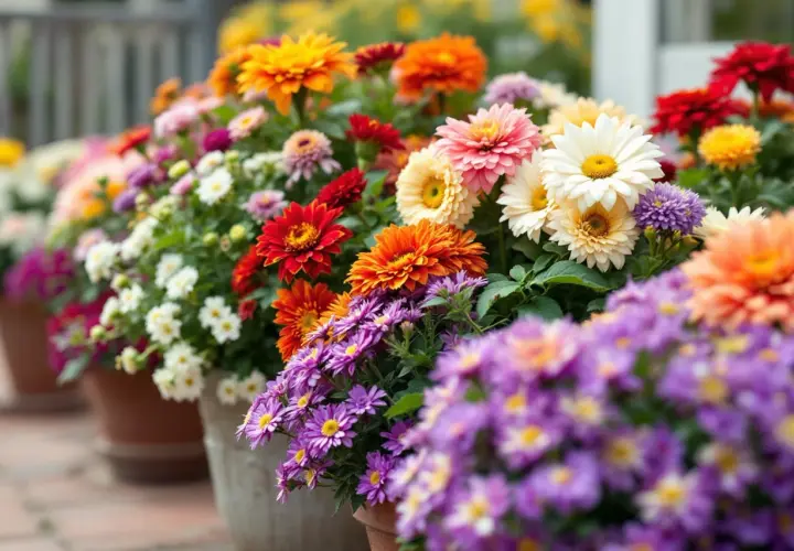 Un assortiment de fleurs rondes aux couleurs vives : jaunes, oranges, rouges, roses, blanches et violettes, disposées en pots sur un sol pavé.