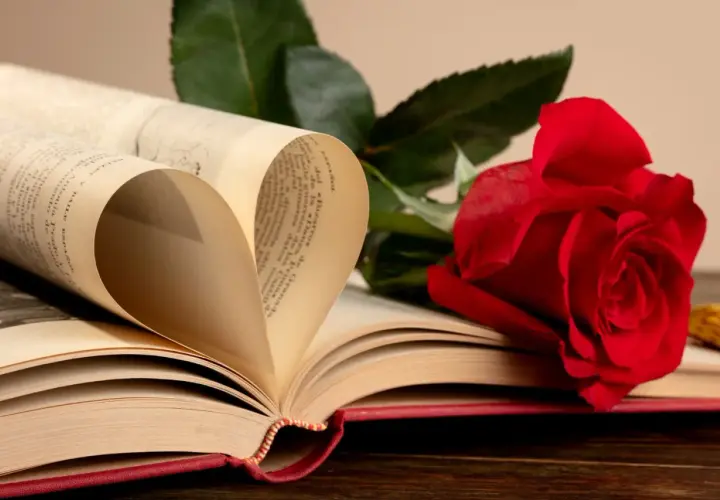 Un livre ouvert forme un cœur avec ses pages. Une rose rouge repose à côté, symbolisant l'amour et la passion. Que signifie la rose ? L'amour éternel, peut-être.