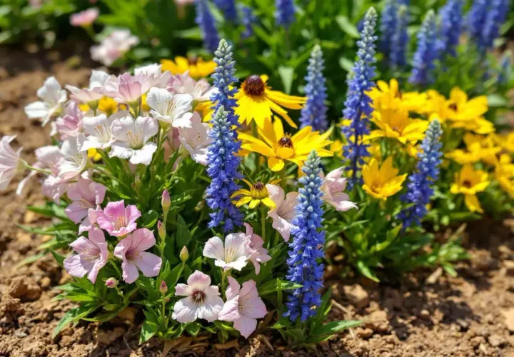 Un parterre coloré de plantes plein soleil sans arrosage : fleurs roses, blanches, jaunes et bleues s'épanouissent dans la terre sèche.