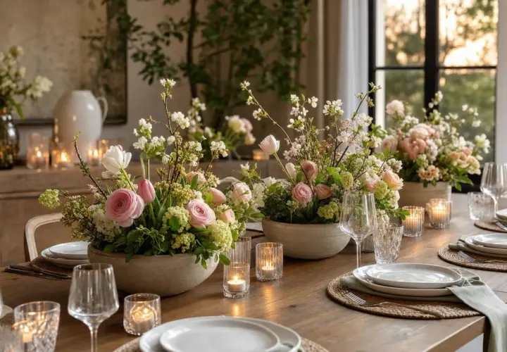 Magnifique idée déco centre de table salle à manger : bouquets de fleurs printanières, tulipes roses, roses et bougies créent une ambiance chaleureuse.