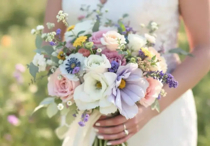 Une mariée tient une composition de bouquet de fleurs pastel, mêlant roses douces, anémones bleues et lavande, dans un écrin de verdure.