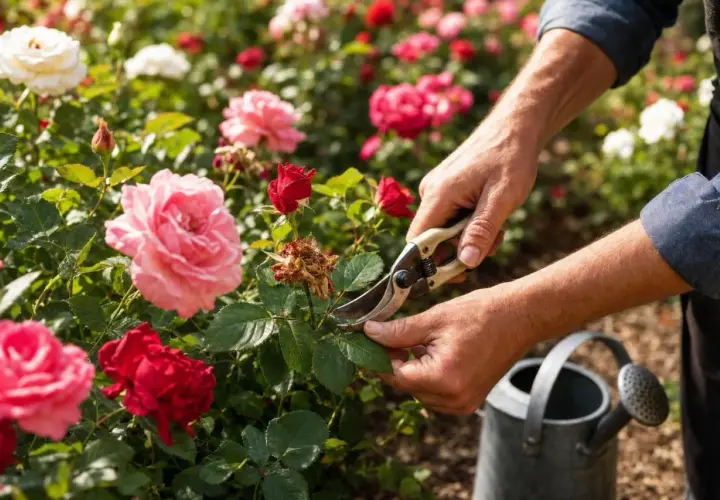 Un jardinier taille des roses rouges et roses. Un arrosoir est visible.