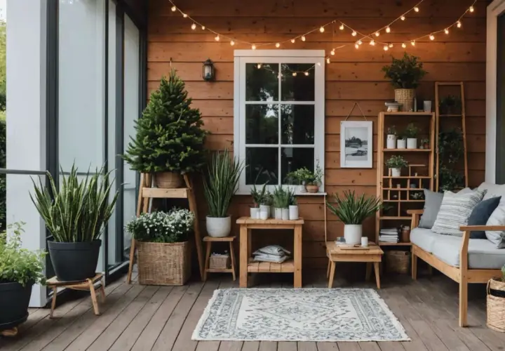 Ambiance chaleureuse sur cette véranda avec une deco veranda cocooning, plantes vertes, coussins douillets et guirlandes lumineuses.