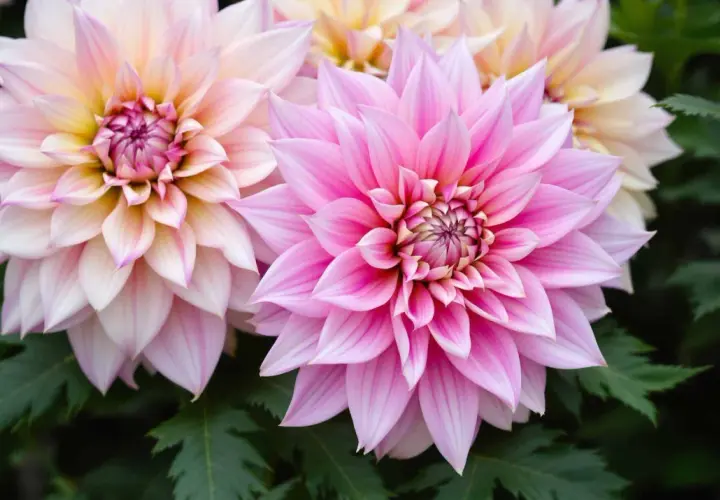 Dahlias rose et pêche, symboles de grâce et de beauté. La signification du dahlia est souvent liée à la dignité et à l'élégance.