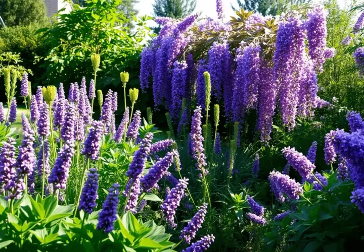 Un jardin luxuriant déborde de grappes de **fleur violette** vibrantes, certaines tombant en cascade, d'autres dressées fièrement.