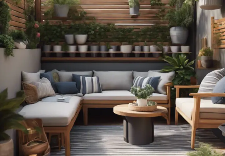 Une petite terrasse cocooning avec un canapé d'angle en bois, des coussins bleus et gris, une table basse ronde et de nombreuses plantes vertes.