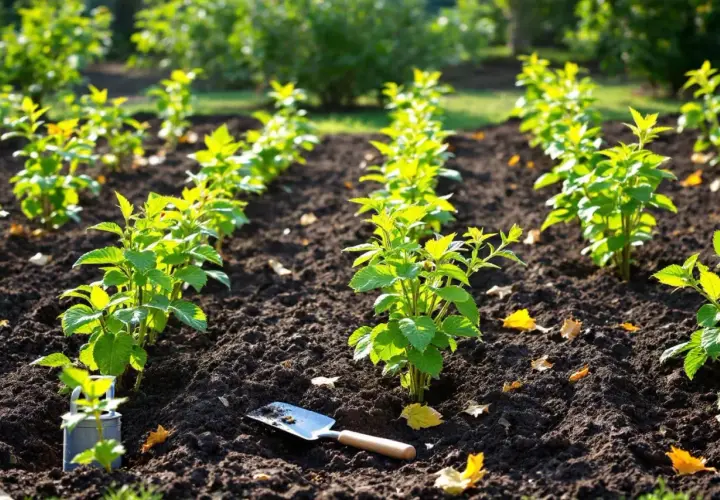 Jeunes plants de cassis alignés dans un sol sombre, prêts pour une nouvelle plantation. Une petite pelle repose à proximité.
