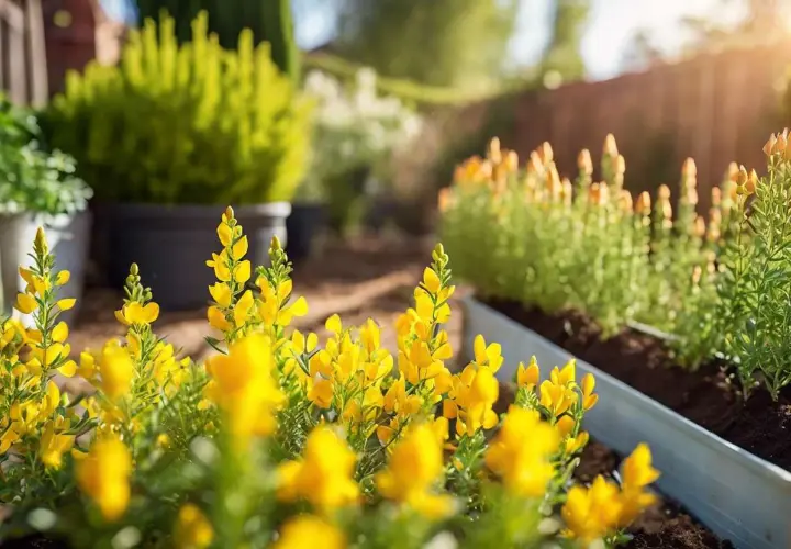 Des fleurs jaunes éclatantes, peut-être des genêts, illuminent un jardin ensoleillé. La taille genet est parfaite pour ces plantes.
