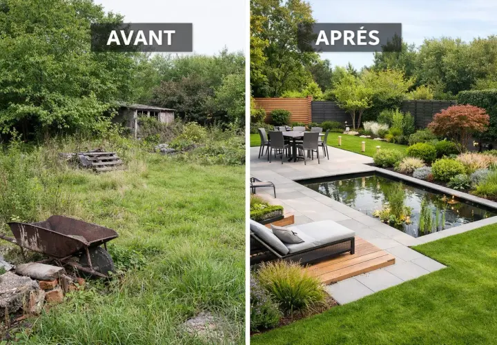 Avant/Après : un jardin sauvage transformé en havre de paix moderne. Une belle idée déco jardin avec bassin et terrasse.