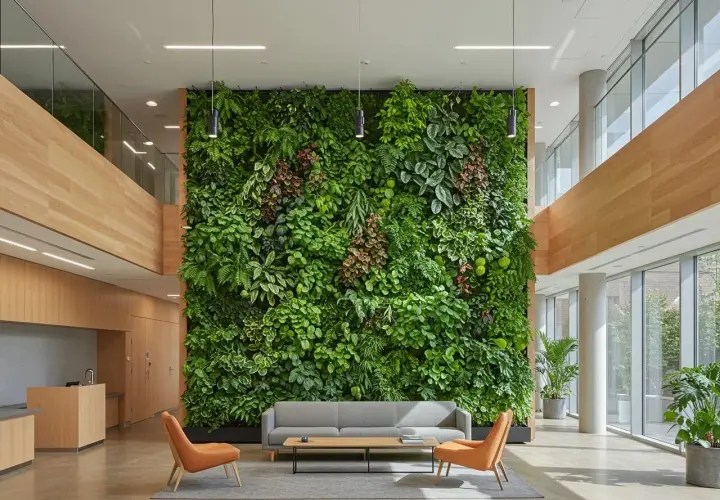 Mur végétal luxuriant offrant une riche texture plante, avec un canapé gris et deux fauteuils orange dans un espace moderne.