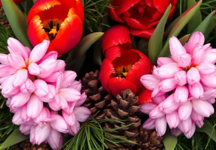 Des jacinthes couleur rose pâle et des tulipes rouges éclatantes se mêlent à des pommes de pin et des aiguilles de sapin.