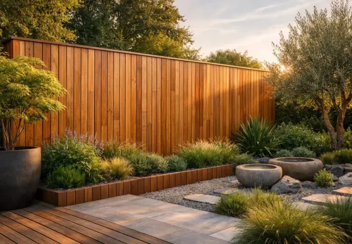 Jardin zen avec mur en bois, plantes luxuriantes et deux bassins en pierre. Une belle idée déco mur extérieur jardin pour une ambiance apaisante.