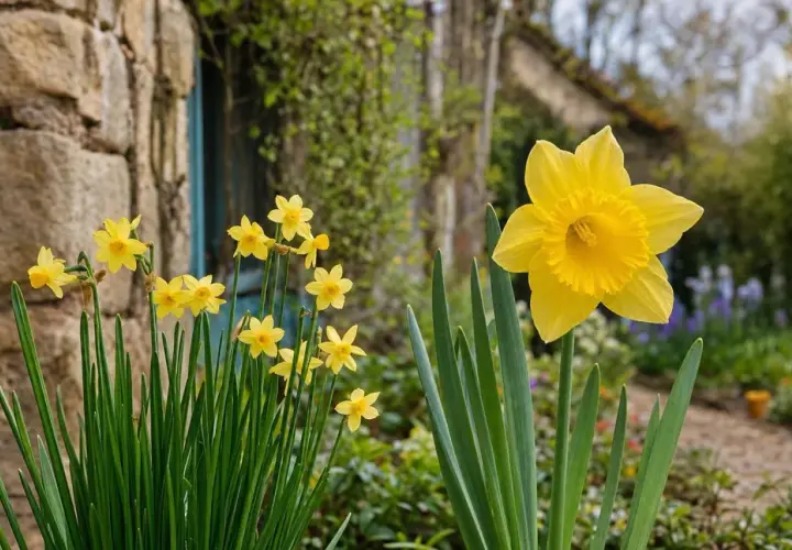Un bouquet de jonquilles jaunes, symbole de renouveau, éclaire un jardin de pierre.